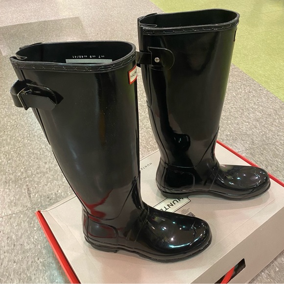 Womens Hunter Original Tall Wide Back Adjust Boots | Black Glossy | Size 10 - Picture 4 of 6